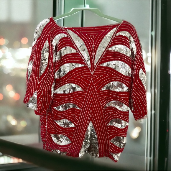Vintage NWT Shomax sequin red and silver top SZ M - Picture 2 of 9